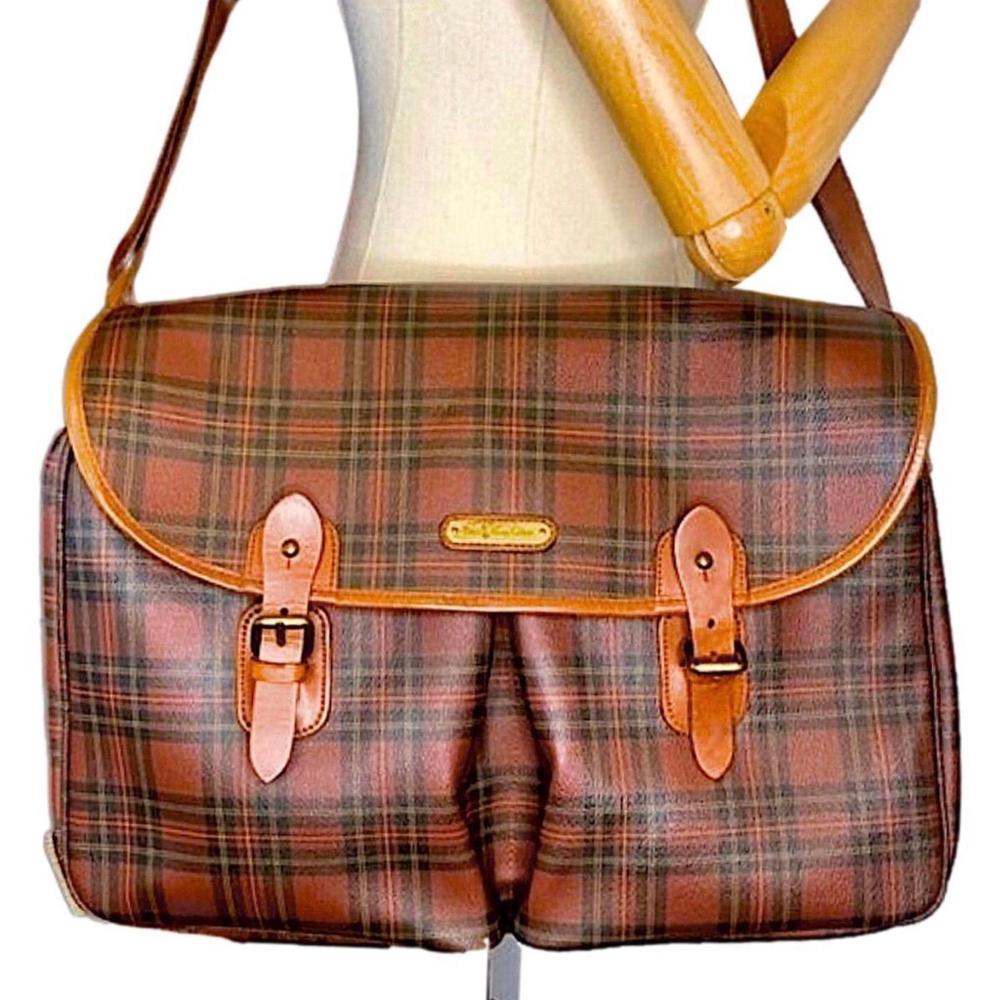 RALPH LAUREN Brown Green Tartan Plaid Crossbody Messenger Laptop Briefcase Bag